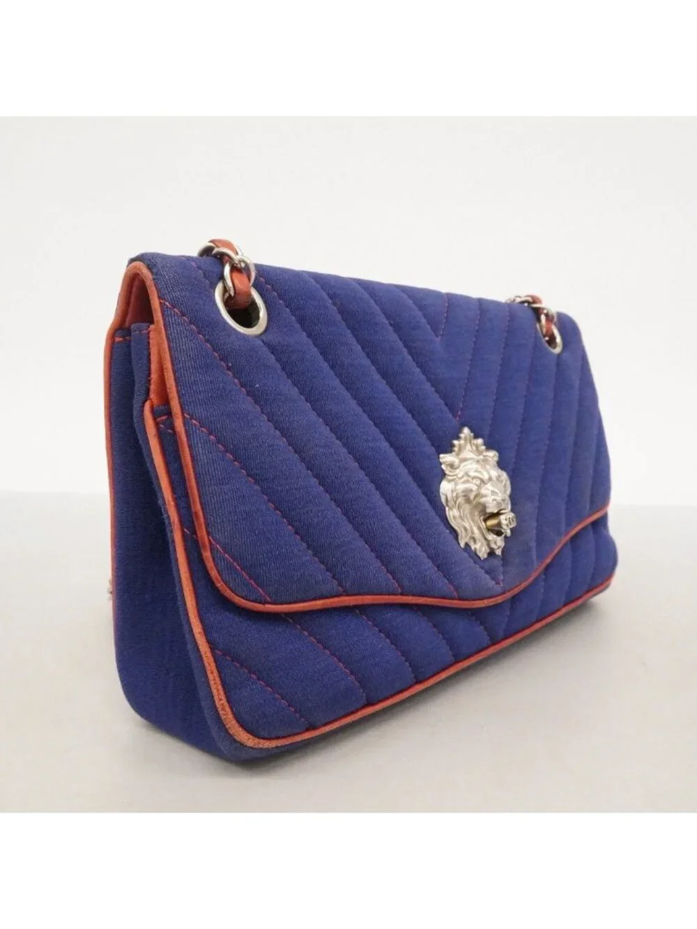 Chanel Shoulder Bag Stitch Canvas Navy Red Silver